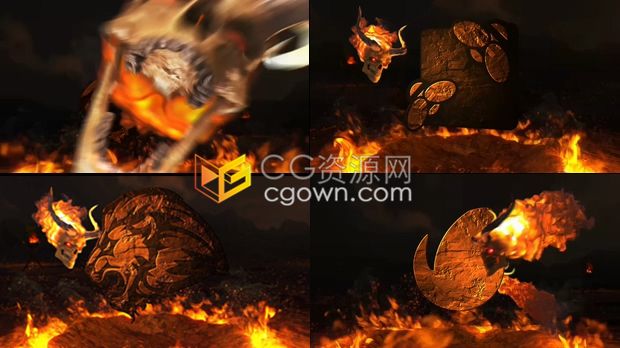 地狱之火燃烧头骨围绕旋转点亮LOGO火焰烟雾恐怖视频片头效果-AE模板下载