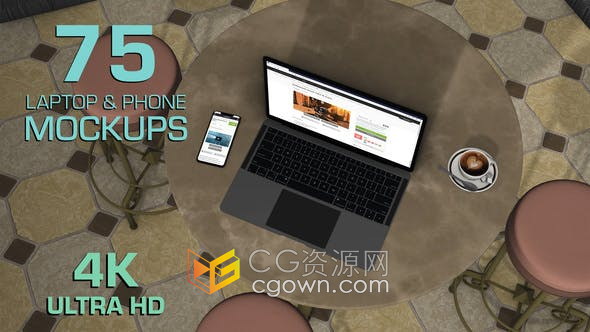 AE模板-笔记本电脑与菜单手机样机咖啡桌子场景展示效果视频
