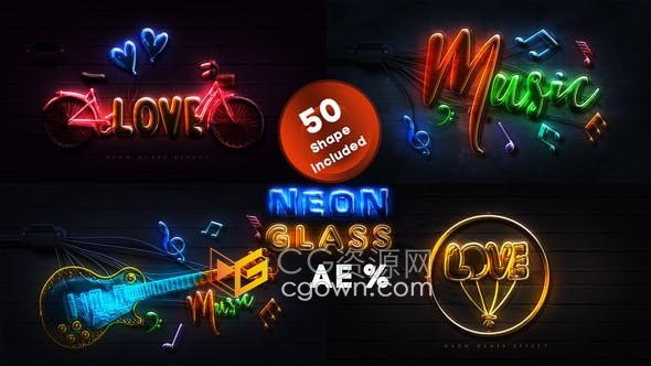 AE模板-定制砖墙上霓虹灯多种效果LOGO图案视频Neon Glass