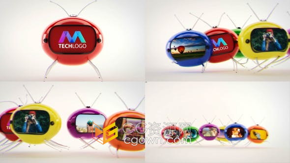 AE模板-卡通3d角色电视机行走动画展示LOGO视频片头