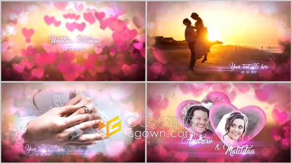婚礼AE模板-粉红爱心动画浪漫情人节幻灯片婚礼视频相册