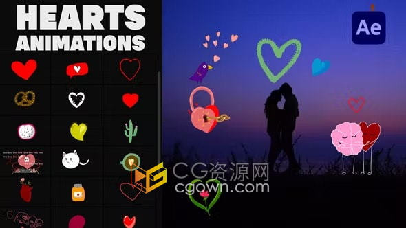有趣卡通动画爱心心形贴纸节日庆典视频装饰元素AE模板