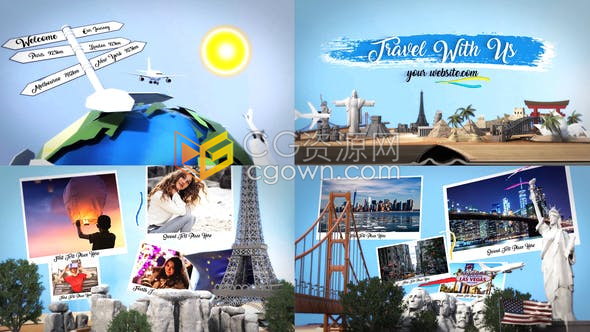 我们一起旅行3D地图世界世界名著地点建筑物环球旅行飞机宣传片头视频-AE模板下载