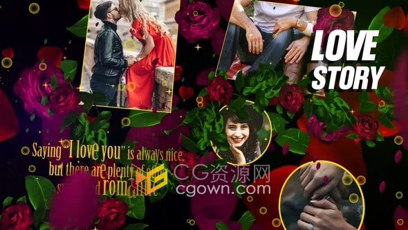 鲜花绿叶花瓣雨动画展示浪漫爱情相册甜美回忆视频AE模板