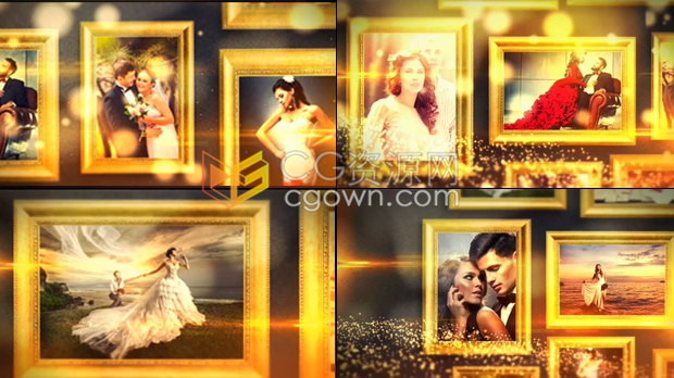 高贵木相框墙壁照片动画金色粒子浪漫幻灯片优雅婚礼视频相册制作-AE模板下载
