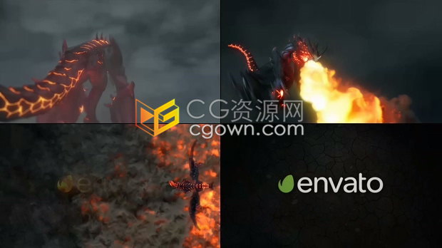 野兽龙翅膀在黑暗中飞行喷火燃烧烟雾LOGO视频片头-AE模板免费下载