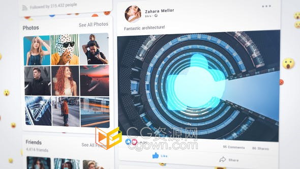 AE模板-Facebook媒体平台个人主页简介展示动画视频效果