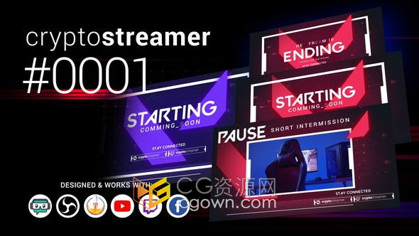 AE模板-CryptoStreamer游戏直播包装流式横幅设计元素