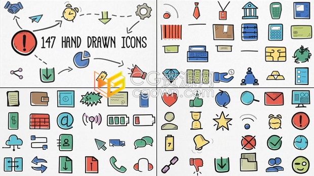 157个商业业务通信社交网络工艺元素包装素描风格手绘图标包-AE模板免费下载