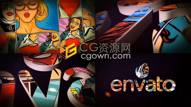 3D漫画超级英雄风格书翻页动画演绎三维LOGO视频片头制作-AE模板下载