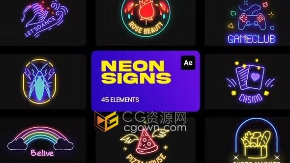 45个霓虹灯标志制作闪亮发光俱乐部夜总会广告FX特效元素AE模板