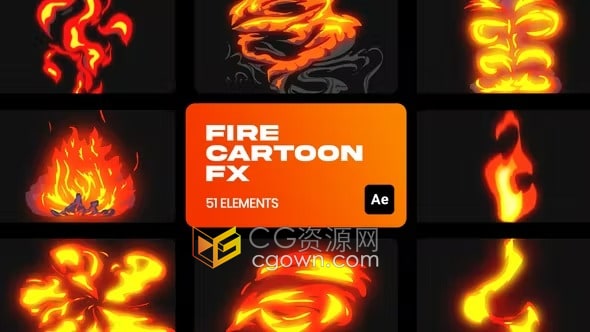 51个卡通动画效果火焰视觉特效漫画风燃烧爆炸火焰VFX元素AE模板