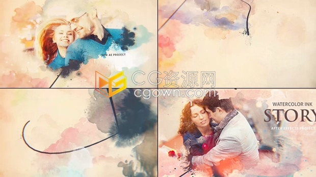 时间轴展示墨水滴落晕染散开唯美水彩画效果浪漫婚礼开场-AE模板下载
