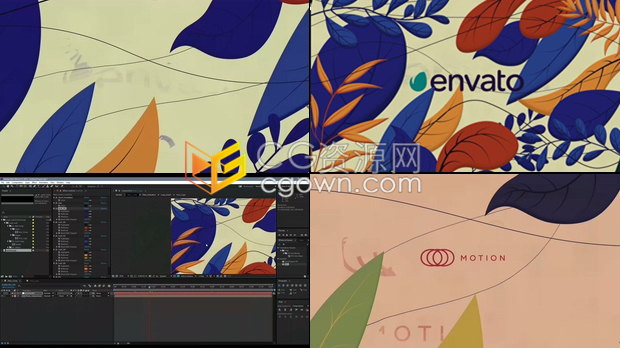 春秋季度彩色树叶形状插图展示标志LOGO片头-AE模板下载