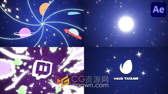 卡通趣味宇宙行星UFO吸入漩涡爆炸揭晓标志开场白-AE模板