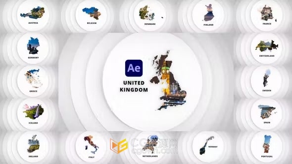 Disks Maps Opener西欧国家地图动画旅游介绍宣传AE模板