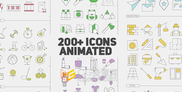 AE模板-208个平面设计样式图标用于市场营销商业金融旅行酒店时尚建筑Icons Library