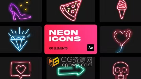 AE模板-霓虹灯图标社交媒体视频广告酒吧餐厅发光标识动画