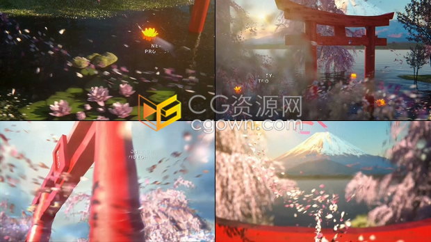 唯美樱花花瓣飞舞日本富士山场景动画宣传开场片头视频-AE模板下载