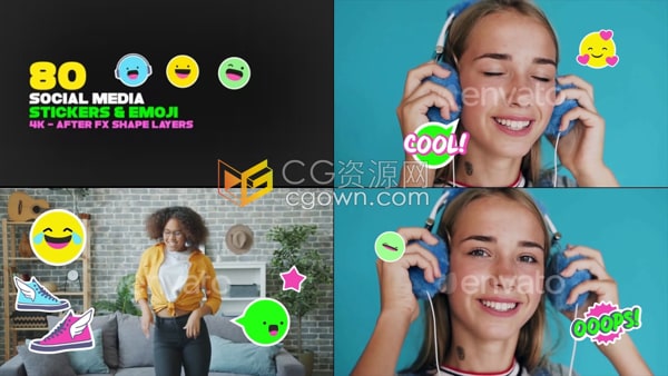 AE模板-80个表情符号和社交媒体贴纸表情包图像元素
