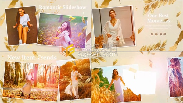 AE模板-金色叶子动画浪漫婚礼开场白甜蜜回忆视频相册