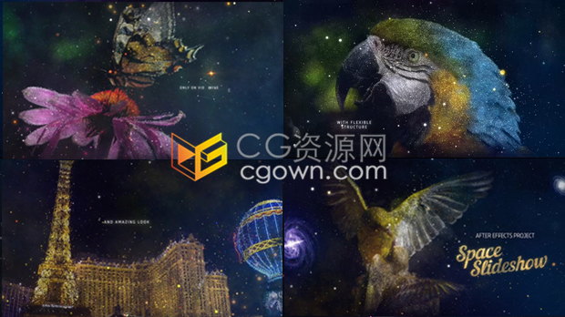 AE模板下载华丽粒子飞散汇聚图像光芒穿梭星空星系文字开场宣传视频Form插件制作