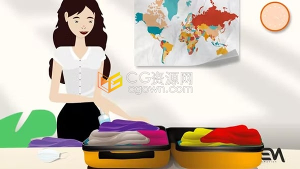 AE模板-卡通女性人物打包行李箱MG场景旅行服务宣传解说视频
