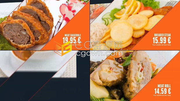 美味餐厅菜单价格展示美味菜肴饮料酒水陈列视频商业美食幻灯片-AE模板