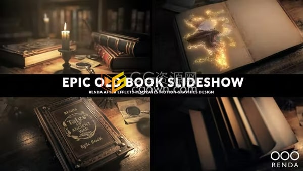史诗风格复古3D场景历史古书翻页动画魔法粒子演绎书籍相册AE模板