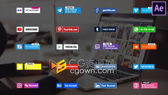 AE模板-社交媒体图标动画元素通知关注收藏点击订阅按钮频道品牌标识等