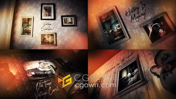 AE模板-复古幻灯片电影烧伤光泄漏墙上展示照片相册视频
