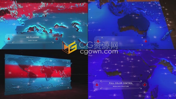 AE地图模板-世界地图3D扫描粒子HUD背景国际新闻疫情数据UI标题演示