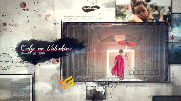 AE模板-水滴墨水笔刷动画复古水彩画相册视频制作