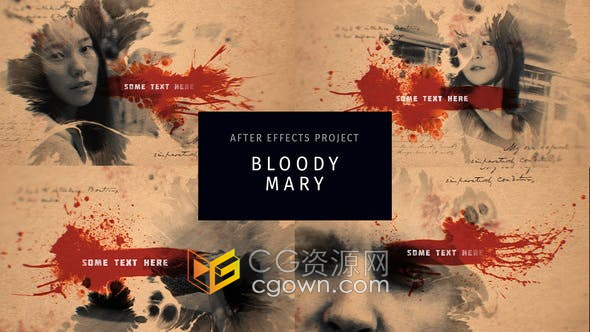 AE模板-鲜血墨水黄色纸张动画展示照片宣传相册视频