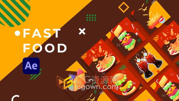 AE模板-卡通图形动画介绍面包汉堡快餐食品炸薯条炸鸡冰淇淋三明治图标场景视频