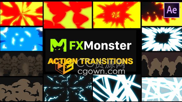 12组4K分辨率卡通图形动画视频转场爆炸烟雾火焰闪电光线效果-AE模板下载