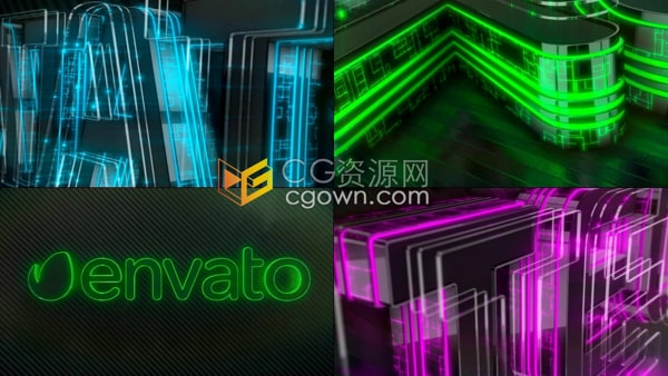 AE科技片头模板-霓虹灯光面3D标志显示Neon Techno Logo