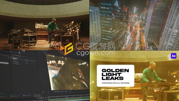 AE光效模板-金色唯美漏光效果制作婚礼音乐视频叠层光效背景