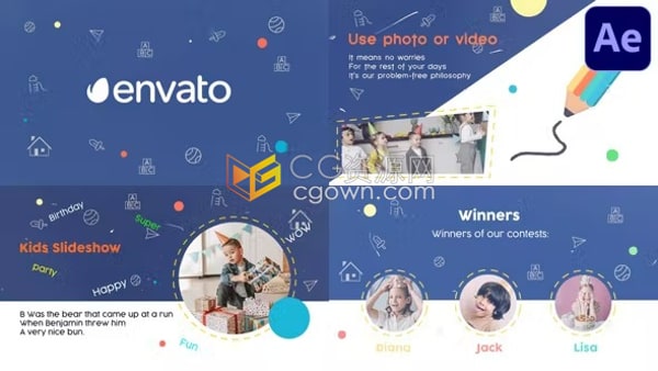 AE相册模板-色彩丰富欢乐儿童电子相册儿童节日派对庆典宣传卡通演示