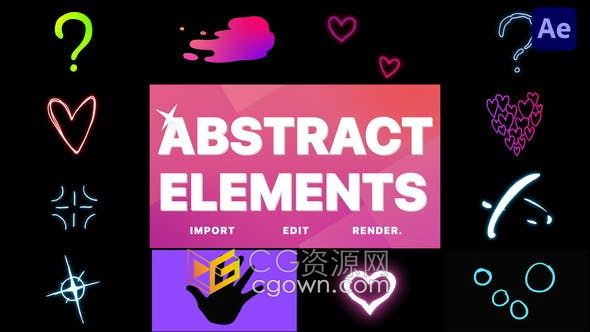 AE模板-元素动画闪光心形状手绘流体气泡符号12 Abstract Pack