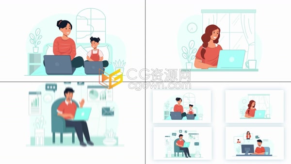 AE模板-居家工作学习自由职业远程办公网络兼职家庭场景解说动画素材