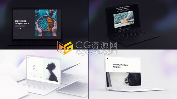 渐变眩光简约时尚背景逼真3D黑白笔记本电脑模型动画显示在线服务网站广告-AE模板