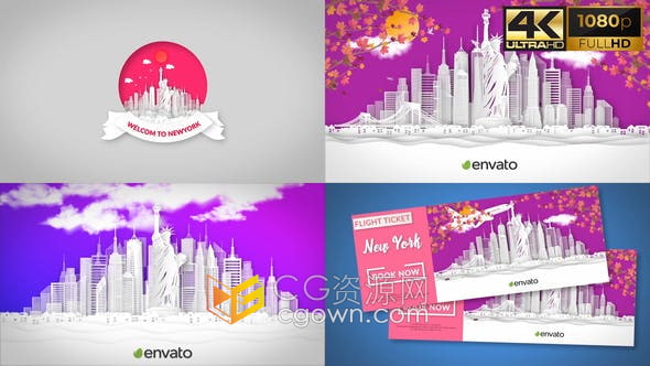 AE模板-旅游世界著名地标建筑物剪纸3D动画宣传片头视频