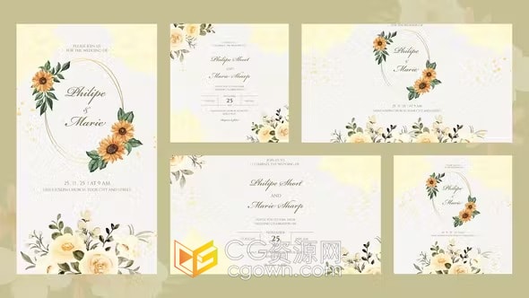 AE模板-自然清新水彩花卉元素婚礼请柬宴会活动邀请函