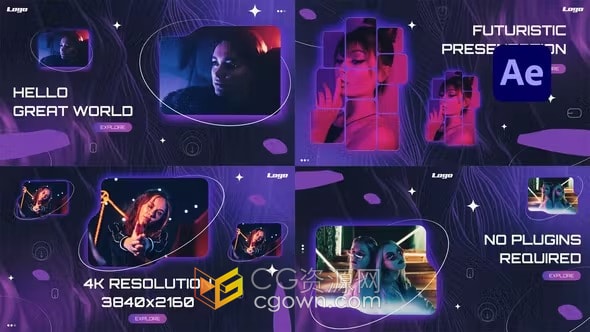 赛博朋克风霓虹灯气氛简单形状拼贴照片开场-AE模板