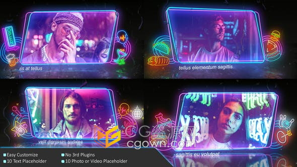 AE模板-霓虹灯相框发光雨中展示照片幻灯片宣传相册视频