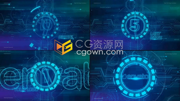 科技感平视技术元素10秒数字倒计时动画开场-AE模板下载