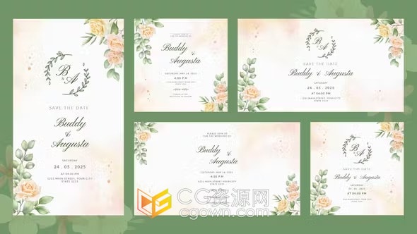 清新简约绿叶花卉生长动画邀请函唯美婚礼请柬-AE模板