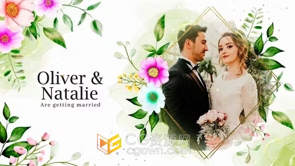 AE模板-明亮水彩鲜花绿植动画元素展示幸福婚礼仪式请柬