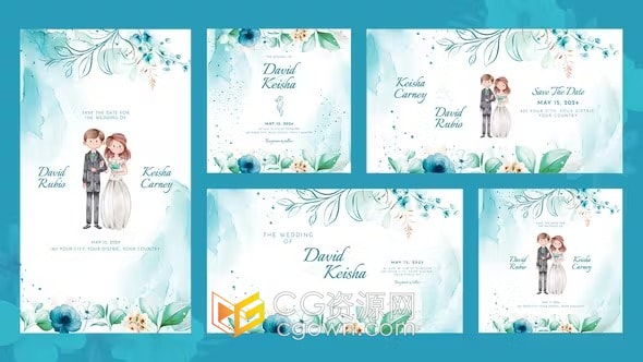 清新大气淡蓝色调花卉动画婚礼请柬-AE模板